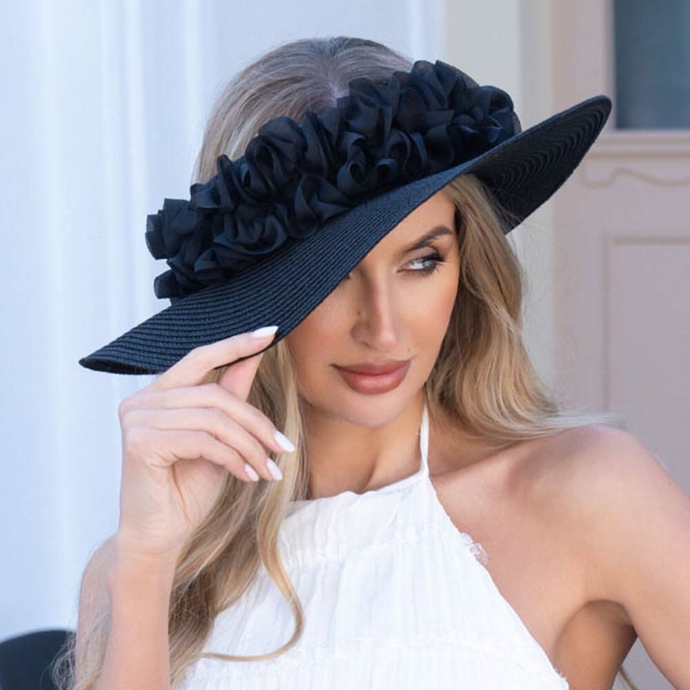 Floral Ruffle Accent Wide Brim Straw Visor Hat